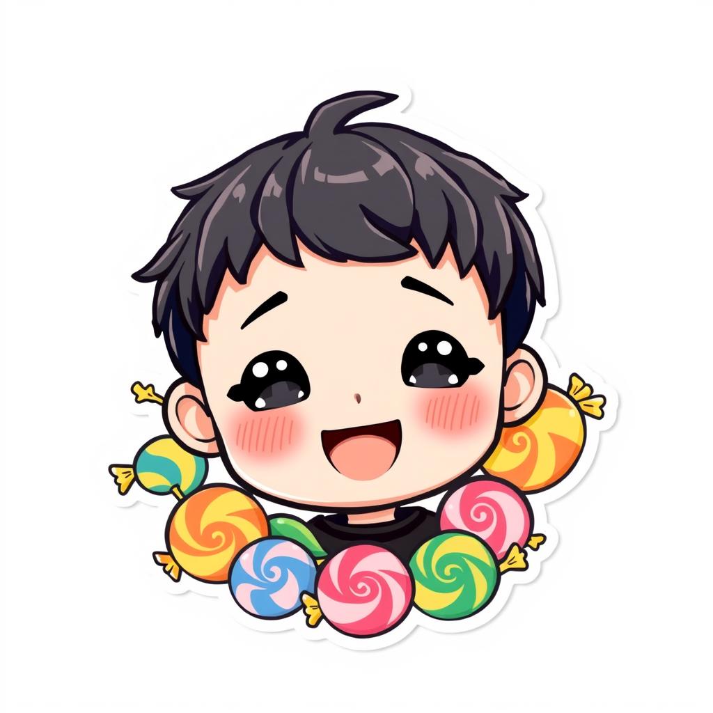 A kawaii sticker featuring a cute boy with short black hair and sparkling black eyes