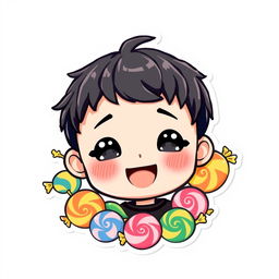 A kawaii sticker featuring a cute boy with short black hair and sparkling black eyes