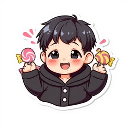 A kawaii sticker featuring a cute boy with short black hair and sparkling black eyes