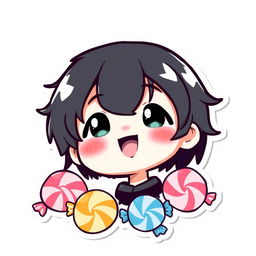 A kawaii sticker featuring a cute boy with short black hair and sparkling black eyes