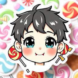 A kawaii sticker featuring a cute boy with short black hair and sparkling black eyes