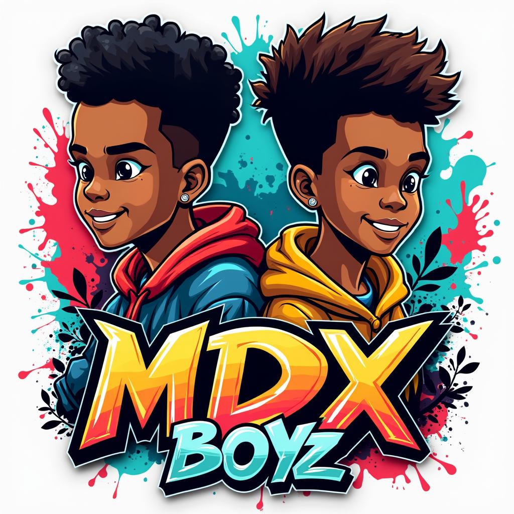 Design a striking and energetic logo for the teen boys clothing line "South MX Boyz," featuring two African American cartoon characters in a captivating graffiti style