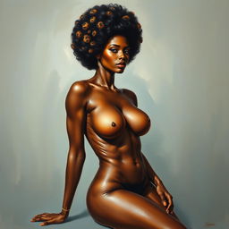 A polished, oil-based painting depicting a full nude body view of a gorgeous black woman with a sheen leopard-colored afro and beautiful breasts in a sensual pose