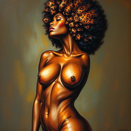 A polished, oil-based painting depicting a full nude body view of a gorgeous black woman with a sheen leopard-colored afro and beautiful breasts in a sensual pose