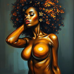 A polished, oil-based painting depicting a full nude body view of a gorgeous black woman with a sheen leopard-colored afro and beautiful breasts in a sensual pose