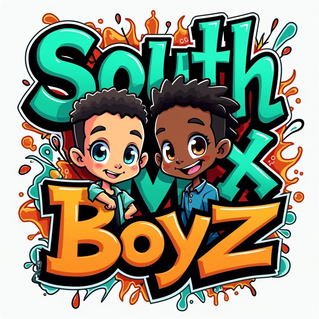 Design a vibrant and bold logo for the teen boys clothing line "South MX Boyz," featuring two African American cartoon characters within a graffiti style