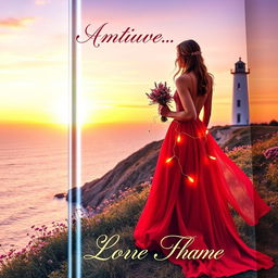 A romantic book cover featuring a beautiful and elegant woman wearing a flowing red dress, standing on a picturesque hill with a breathtaking view of the sunset over a tranquil sea