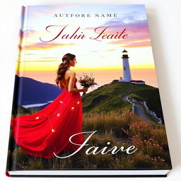 A romantic book cover featuring a beautiful and elegant woman wearing a flowing red dress, standing on a picturesque hill with a breathtaking view of the sunset over a tranquil sea