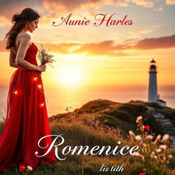 A romantic book cover featuring a beautiful and elegant woman wearing a flowing red dress, standing on a picturesque hill with a breathtaking view of the sunset over a tranquil sea