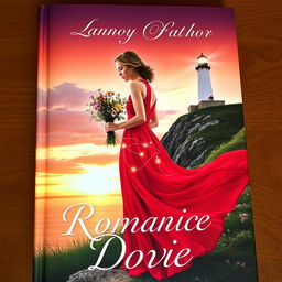 A romantic book cover featuring a beautiful and elegant woman wearing a flowing red dress, standing on a picturesque hill with a breathtaking view of the sunset over a tranquil sea