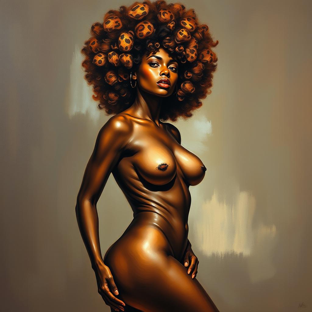 A polished, oil-based painting depicting a full nude body view of a gorgeous black woman with a sheen leopard-colored afro and beautiful breasts in a sensual pose