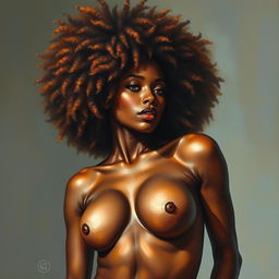 A polished, oil-based painting depicting a full nude body view of a gorgeous black woman with a sheen leopard-colored afro and beautiful breasts in a sensual pose