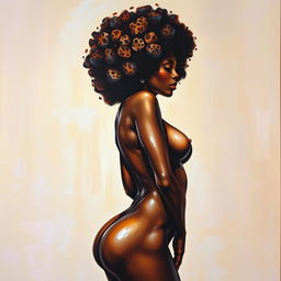 A polished, oil-based painting depicting a full nude body view of a gorgeous black woman with a sheen leopard-colored afro and beautiful breasts in a sensual pose