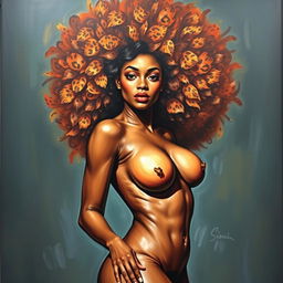 A polished, oil-based painting depicting a full nude body view of a gorgeous black woman with a sheen leopard-colored afro and beautiful breasts in a sensual pose