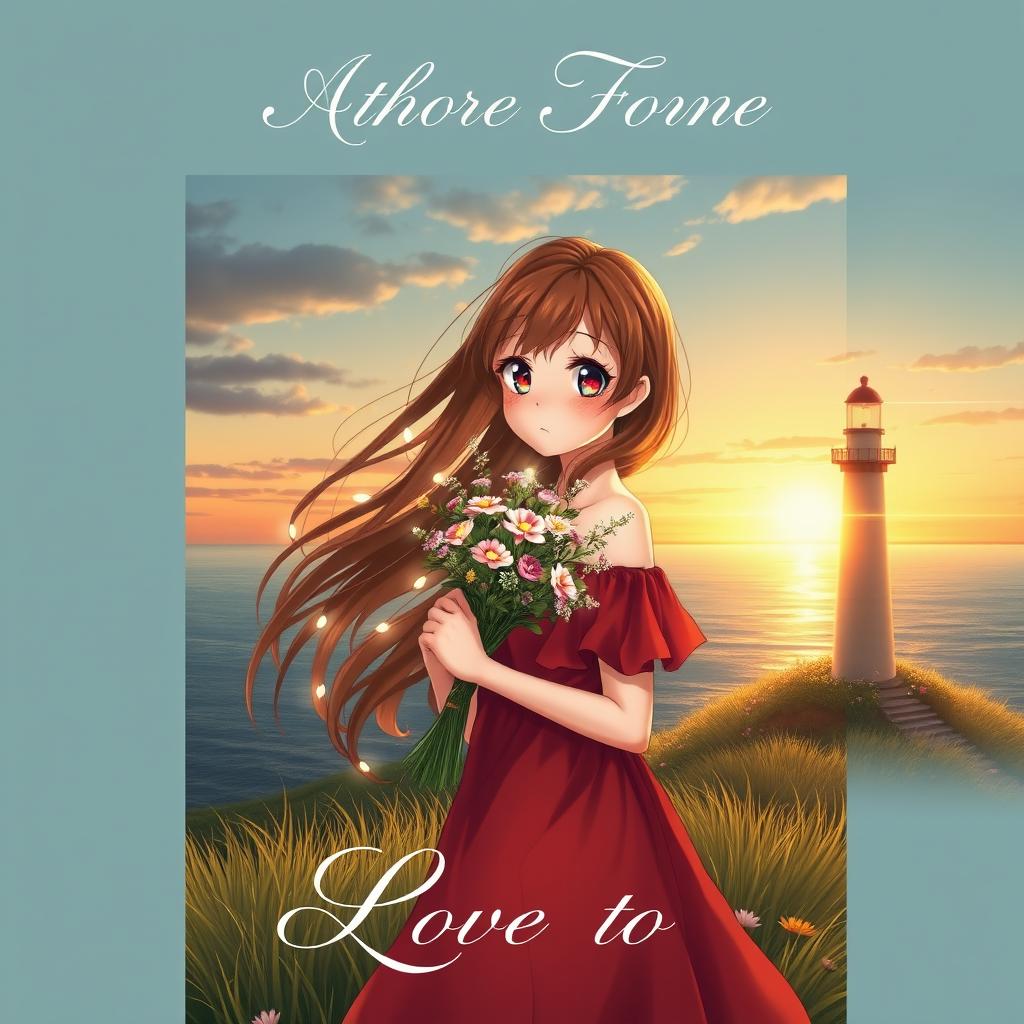 A romantic book cover featuring a beautiful young woman with flowing brown hair and large, expressive eyes reminiscent of anime characters