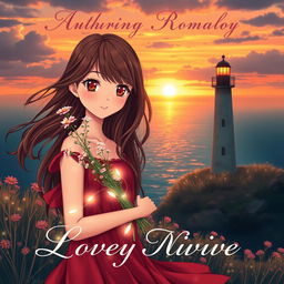 A romantic book cover featuring a beautiful young woman with flowing brown hair and large, expressive eyes reminiscent of anime characters