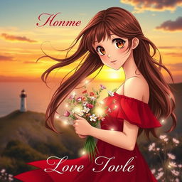 A romantic book cover featuring a beautiful young woman with flowing brown hair and large, expressive eyes reminiscent of anime characters