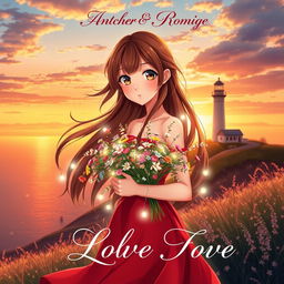 A romantic book cover featuring a beautiful young woman with flowing brown hair and large, expressive eyes reminiscent of anime characters