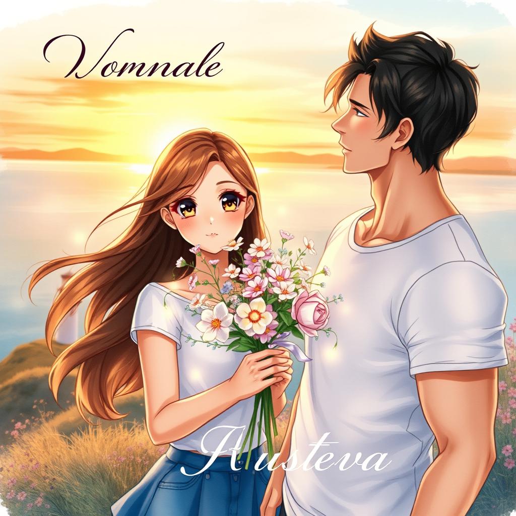 A watercolor-style romantic book cover featuring a beautiful young woman with flowing brown hair and large, expressive eyes, reminiscent of anime characters