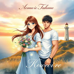 A watercolor-style romantic book cover featuring a beautiful young woman with flowing brown hair and large, expressive eyes, reminiscent of anime characters