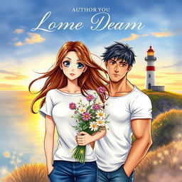 A watercolor-style romantic book cover featuring a beautiful young woman with flowing brown hair and large, expressive eyes, reminiscent of anime characters