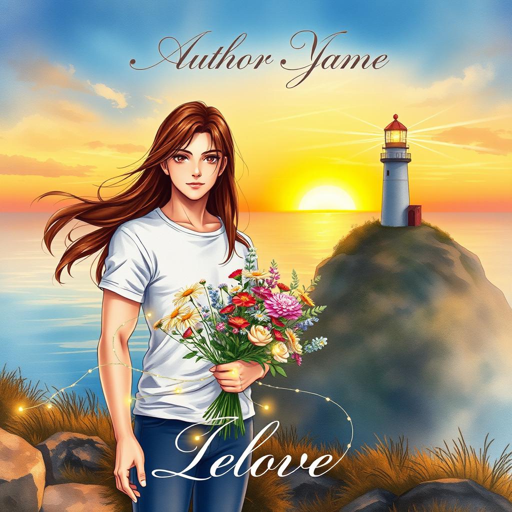 A watercolor-style romantic book cover featuring a beautiful young woman with flowing brown hair and large, expressive eyes, reminiscent of anime characters