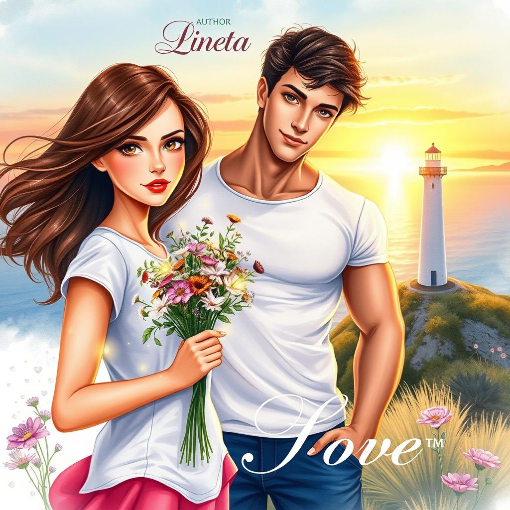 A realistically drawn watercolor-style romantic book cover featuring a beautiful young woman with flowing brown hair and large, expressive eyes