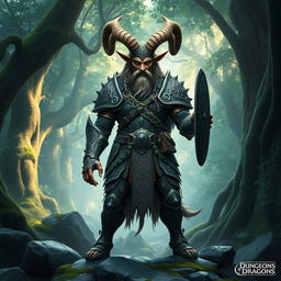 A majestic Dungeons and Dragons satyr warrior wearing intricately designed armor