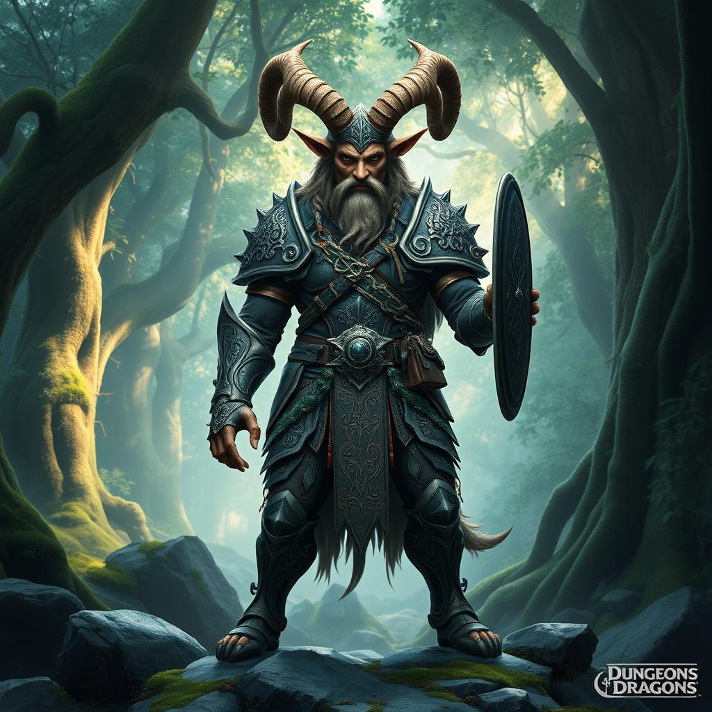 A majestic Dungeons and Dragons satyr warrior wearing intricately designed armor