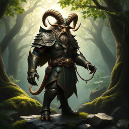 A majestic Dungeons and Dragons satyr warrior wearing intricately designed armor