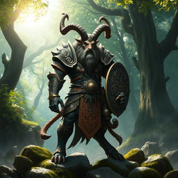 A majestic Dungeons and Dragons satyr warrior wearing intricately designed armor