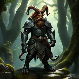 A majestic Dungeons and Dragons satyr warrior wearing intricately designed armor