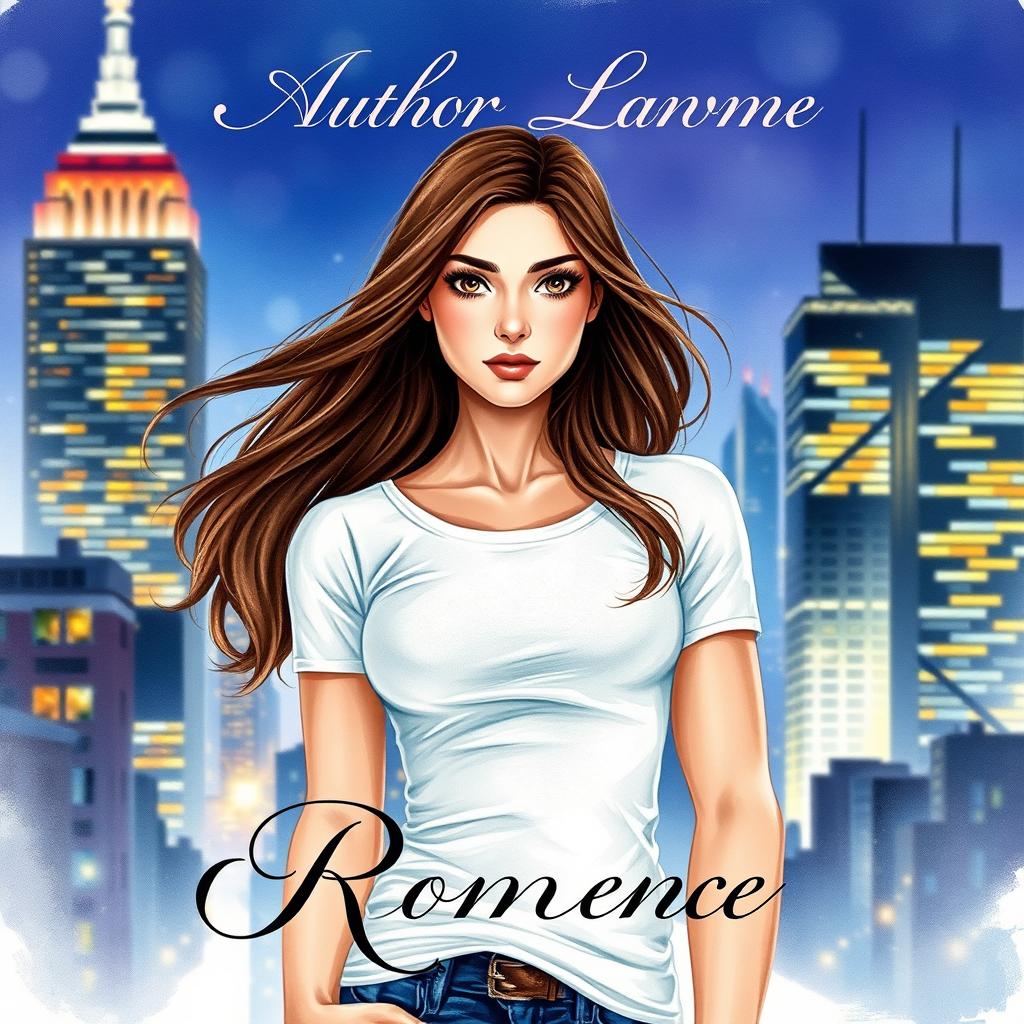 A realistically drawn watercolor-style romantic book cover featuring a beautiful young woman with flowing brown hair and large, expressive eyes