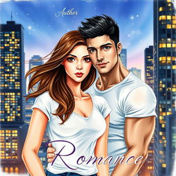 A realistically drawn watercolor-style romantic book cover featuring a beautiful young woman with flowing brown hair and large, expressive eyes