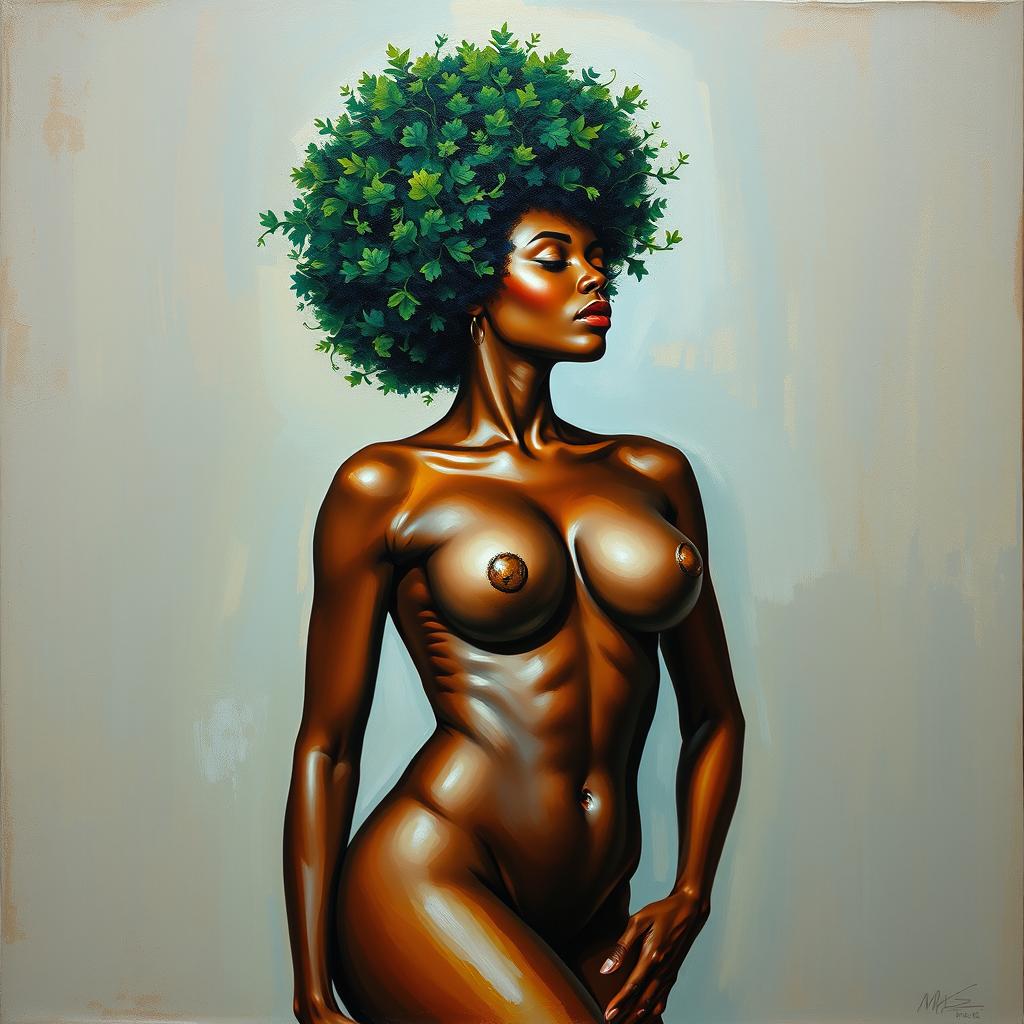 A polished, oil-based painting depicting a full nude body view of a gorgeous black woman with a green tree afro and beautiful breasts in a sensual pose