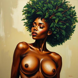 A polished, oil-based painting depicting a full nude body view of a gorgeous black woman with a green tree afro and beautiful breasts in a sensual pose