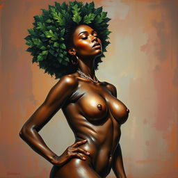 A polished, oil-based painting depicting a full nude body view of a gorgeous black woman with a green tree afro and beautiful breasts in a sensual pose