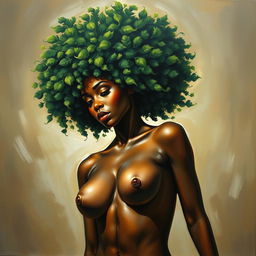 A polished, oil-based painting depicting a full nude body view of a gorgeous black woman with a green tree afro and beautiful breasts in a sensual pose