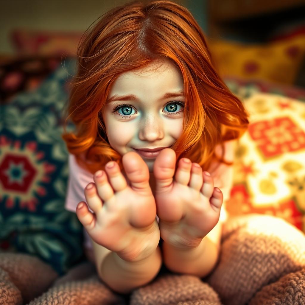 A cute redhead girl making direct eye contact with the viewer, with playful curiosity