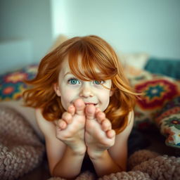 A cute redhead girl making direct eye contact with the viewer, with playful curiosity