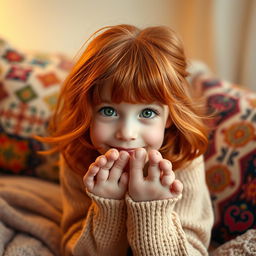 A cute redhead girl making direct eye contact with the viewer, with playful curiosity