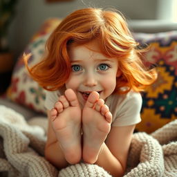 A cute redhead girl making direct eye contact with the viewer, with playful curiosity