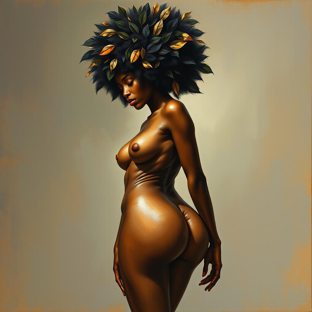 A polished, oil-based painting depicting a full nude body view of a gorgeous black woman with an afro creatively styled to resemble tree leaves, in a sensual pose