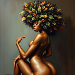 A polished, oil-based painting depicting a full nude body view of a gorgeous black woman with an afro creatively styled to resemble tree leaves, in a sensual pose