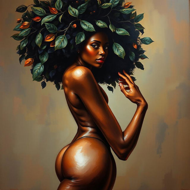 A polished, oil-based painting depicting a full nude body view of a gorgeous black woman with an afro creatively styled to resemble tree leaves, in a sensual pose