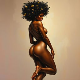 A polished, oil-based painting depicting a full nude body view of a gorgeous black woman with an afro creatively styled to resemble tree leaves, in a sensual pose