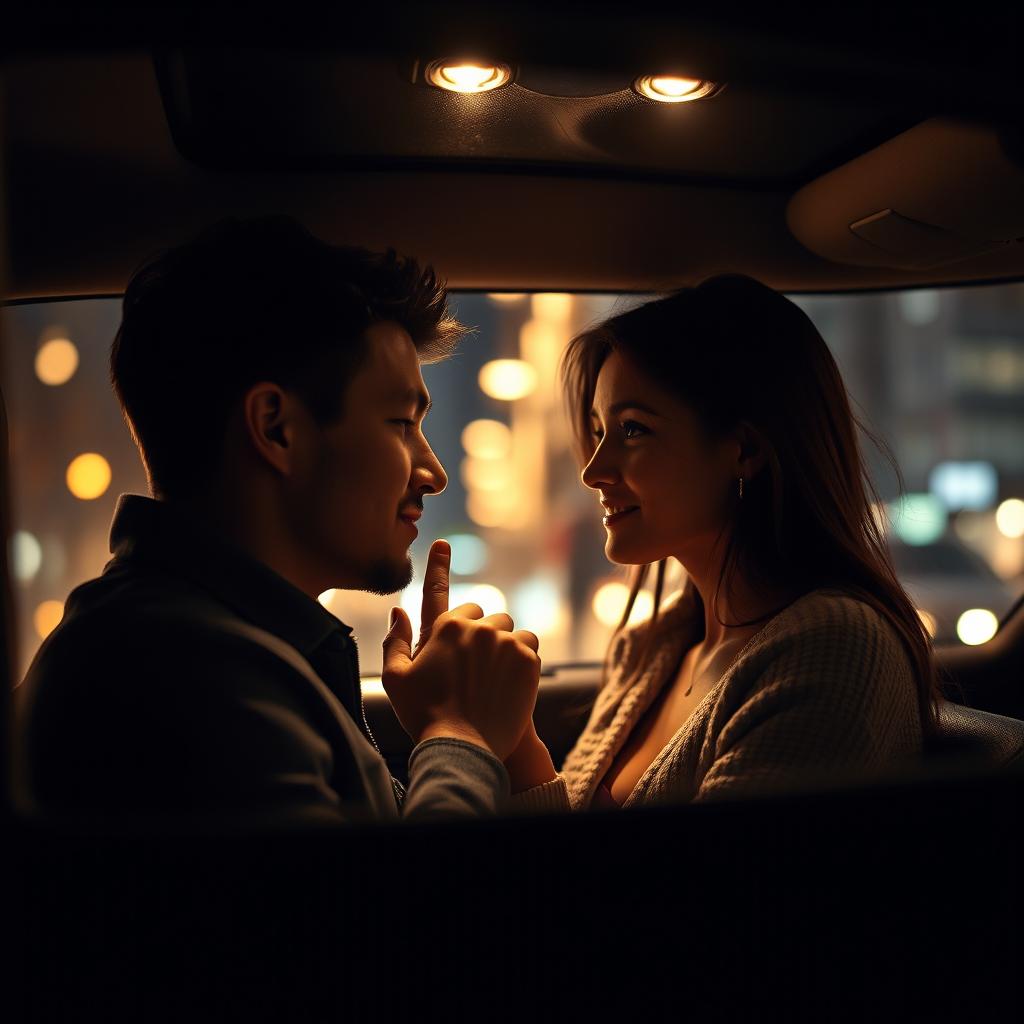 A thin young man gently kissing his wife's hand inside a car during the night