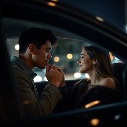 A thin young man gently kissing his wife's hand inside a car during the night