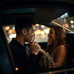 A thin young man gently kissing his wife's hand inside a car during the night