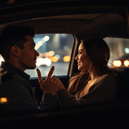 A thin young man gently kissing his wife's hand inside a car during the night